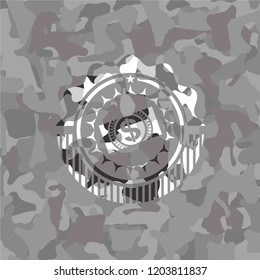 money, dollar bill icon inside grey camouflage texture