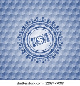 money, dollar bill icon inside blue emblem or badge with abstract geometric polygonal pattern background.