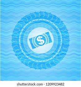 money, dollar bill icon inside water wave badge.