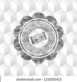 money, dollar bill icon inside grey badge with geometric cube white background