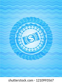 money, dollar bill icon inside water wave concept emblem background.