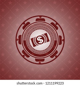money, dollar bill icon inside retro red emblem