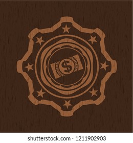 money, dollar bill icon inside wood emblem. Retro
