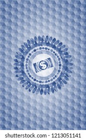 money, dollar bill icon inside blue hexagon emblem.