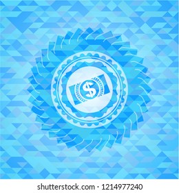money, dollar bill icon inside realistic sky blue emblem. Mosaic background