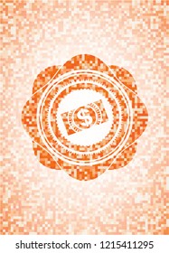 money, dollar bill icon inside orange tile background illustration. Square geometric mosaic seamless pattern with emblem inside.
