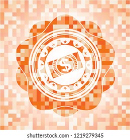 money, dollar bill icon inside abstract orange mosaic emblem with background