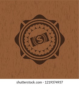 money, dollar bill icon inside realistic wood emblem