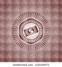 money, dollar bill icon inside red polygonal badge. Seamless.