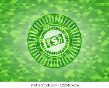 money, dollar bill icon inside realistic green emblem. Mosaic background
