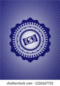 money, dollar bill icon inside emblem with jean background