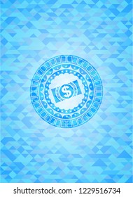money, dollar bill icon inside light blue emblem. Mosaic background