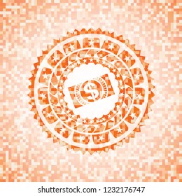 money, dollar bill icon inside orange mosaic emblem