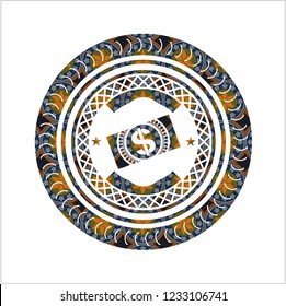 money, dollar bill icon inside arabesque style badge. arabic decoration.
