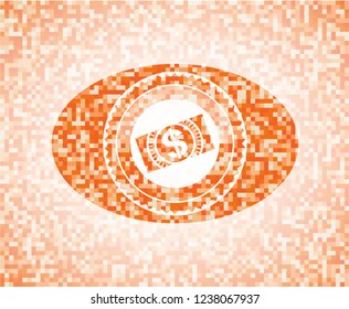 money, dollar bill icon inside orange tile background illustration. Square geometric mosaic seamless pattern with emblem inside.