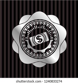 money, dollar bill icon inside silvery badge or emblem