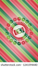 money, dollar bill icon inside christmas colors style emblem.