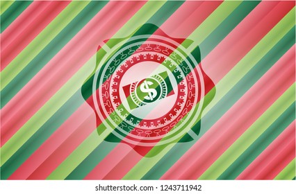 money, dollar bill icon inside christmas style emblem.