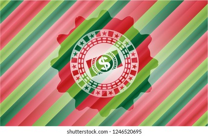 money, dollar bill icon inside christmas style badge..