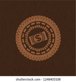 money, dollar bill icon inside realistic wood emblem
