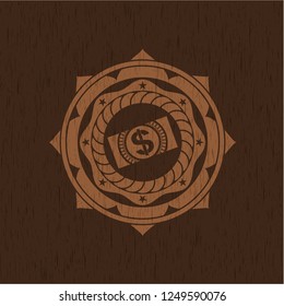 money, dollar bill icon inside retro wooden emblem