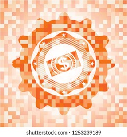 money, dollar bill icon inside abstract emblem, orange mosaic background