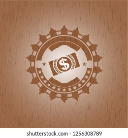 money, dollar bill icon inside wooden emblem. Retro
