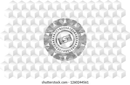 money, dollar bill icon inside realistic grey emblem with cube white background