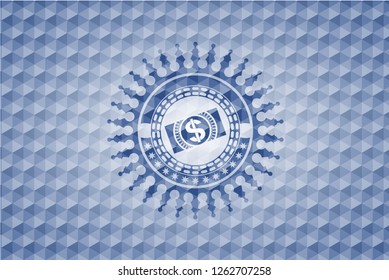 money, dollar bill icon inside blue emblem with geometric pattern background.