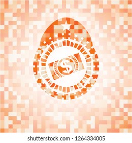 money, dollar bill icon inside abstract orange mosaic emblem