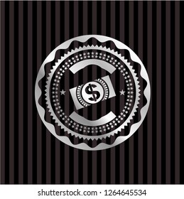 money, dollar bill icon inside silvery badge or emblem