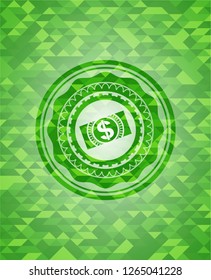 money, dollar bill icon inside green mosaic emblem
