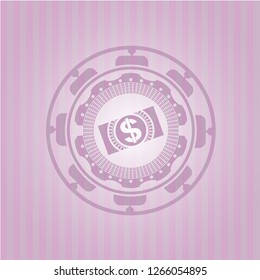 money, dollar bill icon inside realistic pink emblem