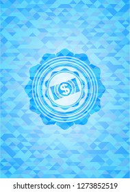 money, dollar bill icon inside light blue mosaic emblem