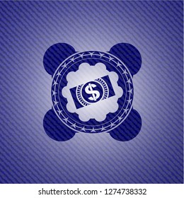 money, dollar bill icon inside badge with denim background