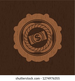 money, dollar bill icon inside wood emblem. Retro