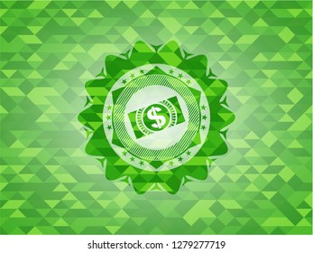 money, dollar bill icon inside green emblem with triangle mosaic background