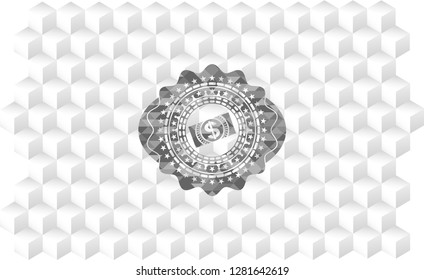 money, dollar bill icon inside grey emblem. Vintage with geometric cube white background