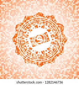 money, dollar bill icon inside orange mosaic emblem