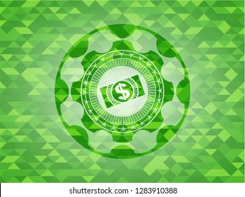 money, dollar bill icon inside realistic green emblem. Mosaic background