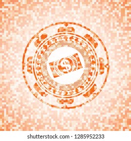 money, dollar bill icon inside orange tile background illustration. Square geometric mosaic seamless pattern with emblem inside.