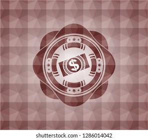 money, dollar bill icon inside red seamless emblem or badge with geometric pattern background.
