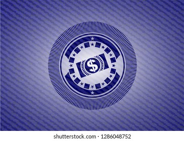 money, dollar bill icon inside badge with jean texture