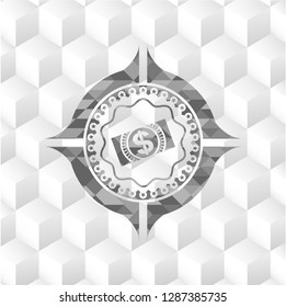 money, dollar bill icon inside grey emblem. Retro with geometric cube white background
