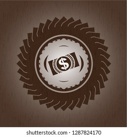 money, dollar bill icon inside badge with wood background