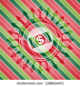 money, dollar bill icon inside christmas colors emblem.
