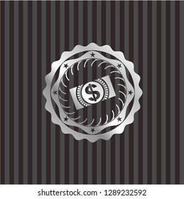 money, dollar bill icon inside silver emblem or badge
