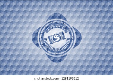 money, dollar bill icon inside blue hexagon badge.