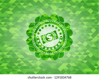 money, dollar bill icon inside green emblem. Mosaic background