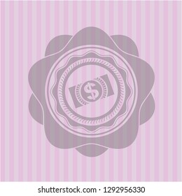 money, dollar bill icon inside badge with pink background